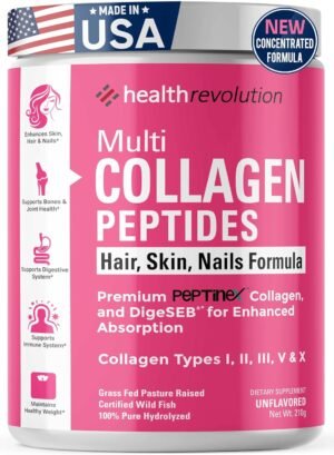 Multi Collagen Peptides Powder – Types I, II, III, V, X, Hydrolyzed Collagen for Women, 99% Absorption, Skin Hair Nails Joints, Triple Refined – No Clumping, Non-GMO, Gluten Free, Grass Fed Unflavored