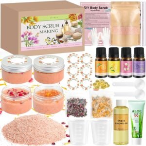 JUYRLE Body Scrub Making Kit- DIY Pink Salt Body Scrub Kit with Almond Oil, Essential Oils, Moisturizing and Exfoliating Dry Skin Hand Foot DIY Organic SPA Kit Gifts For Women & Men