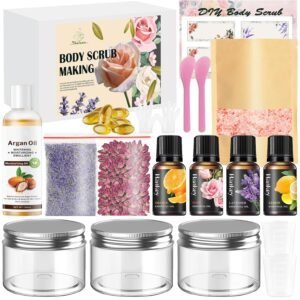 THALUNA Body Scrub Making Kit, Salt DIY Body Scrub Kit to Make Your Own Spa Kit with Pink Salt, Argan Oil, Essential Oils, Moisturizing Gentle Exfoliating Bath Sets for Women Gift Christmas Gift Girls