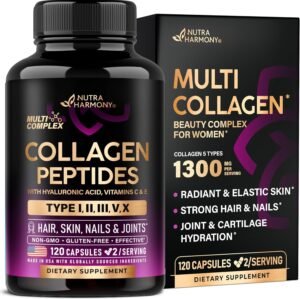 Multi Collagen Peptides – Hydrolyzed Types I, II, III, V & X – Collagen Supplement for Women 1300mg – w/ Hyaluronic Acid, Vitamins C & E – Skin, Hair, Nails & Joint Support – Lab Tested – 120 Capsules