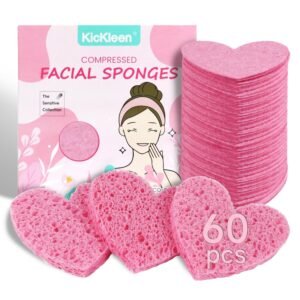 60-Count Kickleen Compressed Cellulose Heart Shape Facial Sponges | 100% Natural Cosmetic Spa Sponges for Facial Cleansing | Exfoliating | Makeup and Mask Removal | Reusable |Skin Massage (Pink)