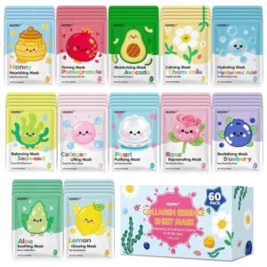 60 Pack Bulk Collagen Facial Masks, moisturizing & Hydrating Face Masks for Women, Skincare for All Skin Types, Bulk Sheet Mask Skin Care Gifts, Sleepover Party for Teen Girls(12 Types x 5 Pcs)