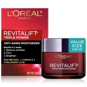 L’Oreal Paris Revitalift Triple Power Anti-Aging Face Moisturizer, Pro Retinol, Hyaluronic Acid & Vitamin C to Reduce Wrinkles, Firm & Brighten Skin, 2.55 Oz