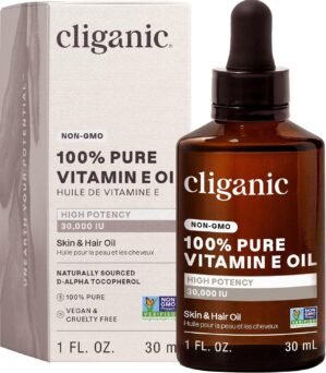 Cliganic Pure Vitamin E Oil for Skin, Scars, Hair & Face – 30,000 IU, Non-GMO Verified | Natural D-Alpha Tocopherol