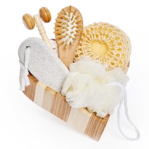 Bella Ciao 6-Piece Body and Skincare Set, Women’s Spa Gift Basket with Face Massage Roller, Hair Brush, Exfoliating Tools and Wooden Tray, Self Care Bath Accessories
