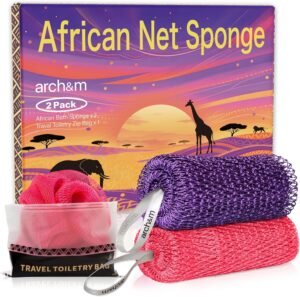 ARCH&M African Net Sponge Authentic 2 Pack – 53″ Extra-Long Back & Body Scrubber for Women and Men, Exfoliating Shower Loofah Bath Sponge for Daily Use, Travel-Friendly Spa Gift