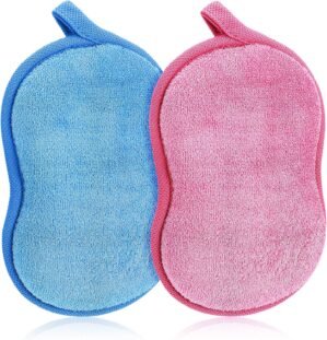 2Pcs Soft Bath Sponge, Cotton Shower Sponge Absorbent Gentleness Exfoliating Body Scrubber Shower Skin Friendly Comfort Bathing Tool for Men Women All Skin Type (Blue,Pink)