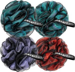 AmazerBath Charcoal Loofah Sponge, Shower Loofah 60g/PCS – Body Scrubber Loofa Set of 4 – Charcoal Blue, Green, Purple & Red, Bath Sponge for Men and Women