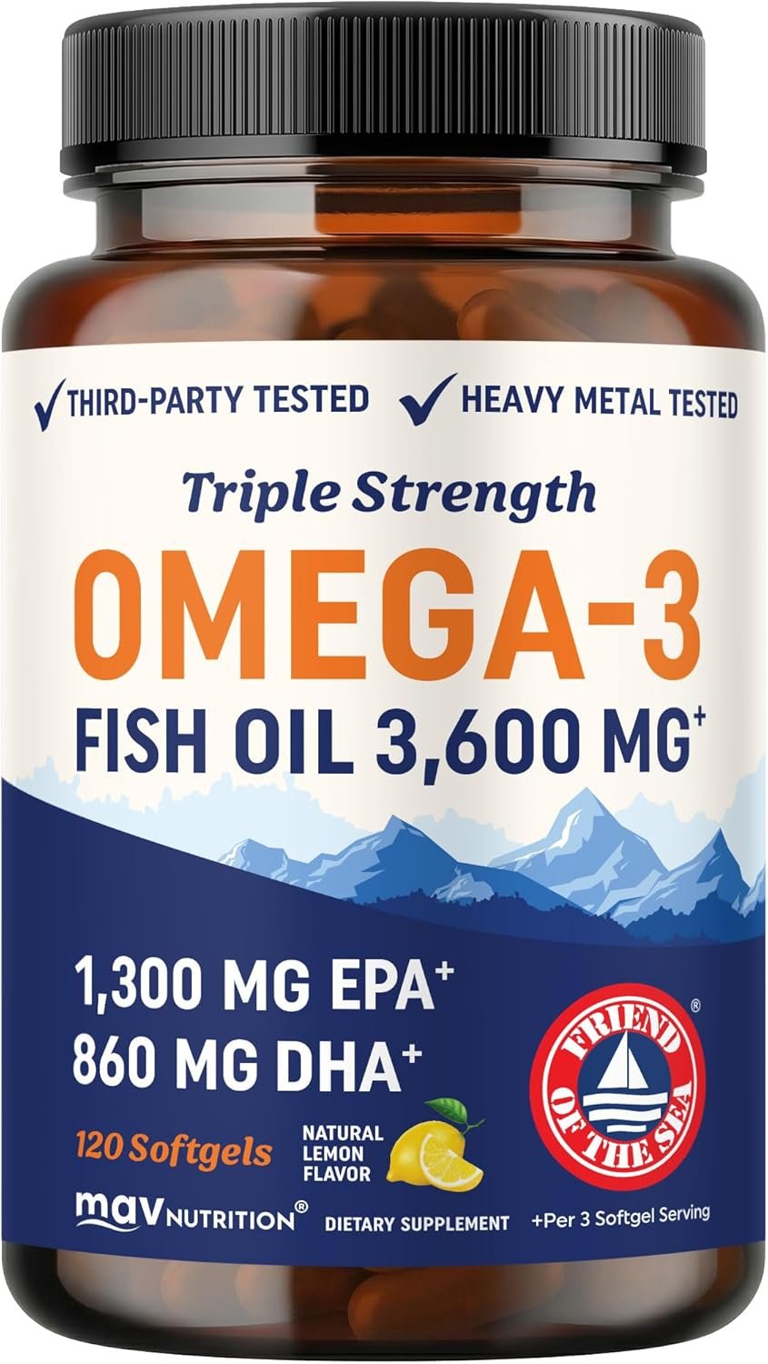Triple Strength Omega 3 Fish Oil 3600 mg | EPA & DHA | Over 2100mg Omega-3 Fatty Acids | 1300mg EPA + 860mg DHA | Best Essential Fatty Acids | Premium Wild Caught & Burpless Fish Oil | 120 Ct