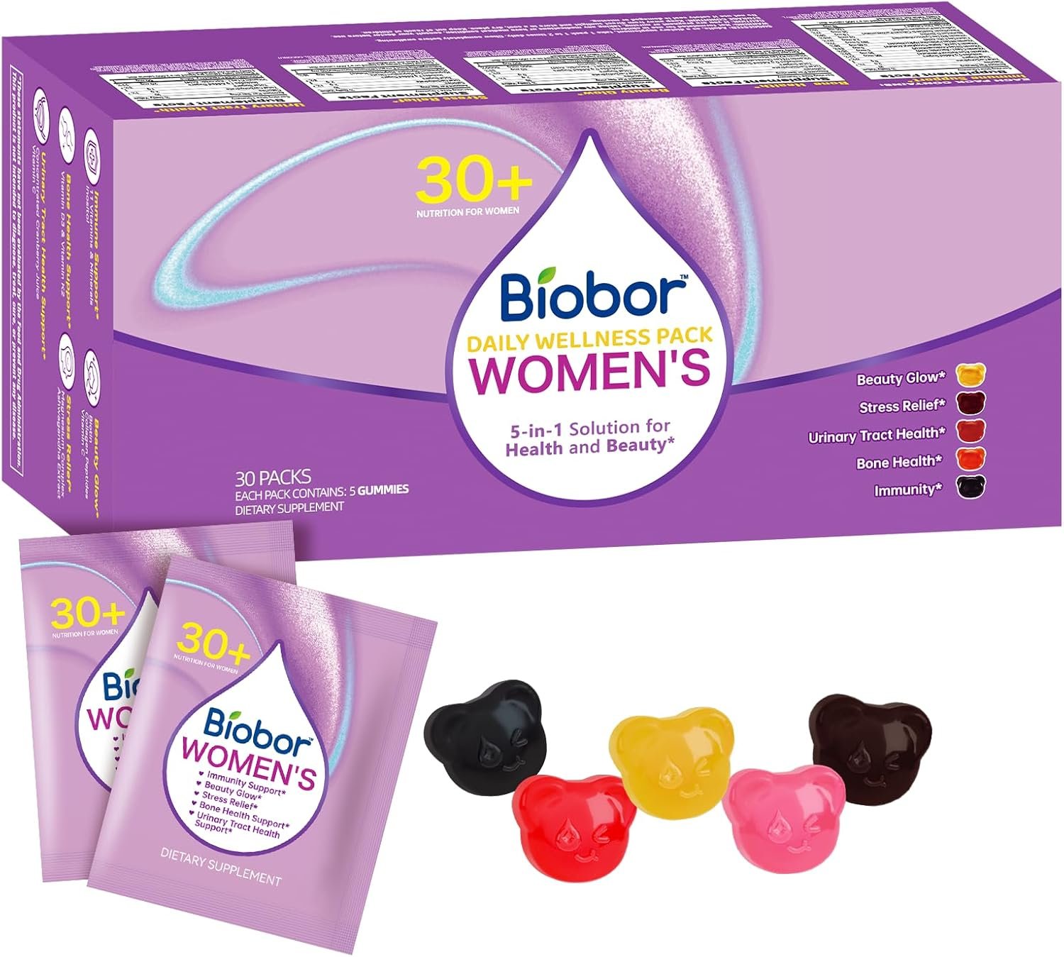 Biobor Women’s Daily Nutrition Pack for 30+, 30-Day Gummies Pack with Biotin & Collagen, Magnesium & Ashwagandha, Cranberry Vitamin C, Vitamin D3 K2 | 5-in-1 Beauty, Mood, Immune & Bone Support