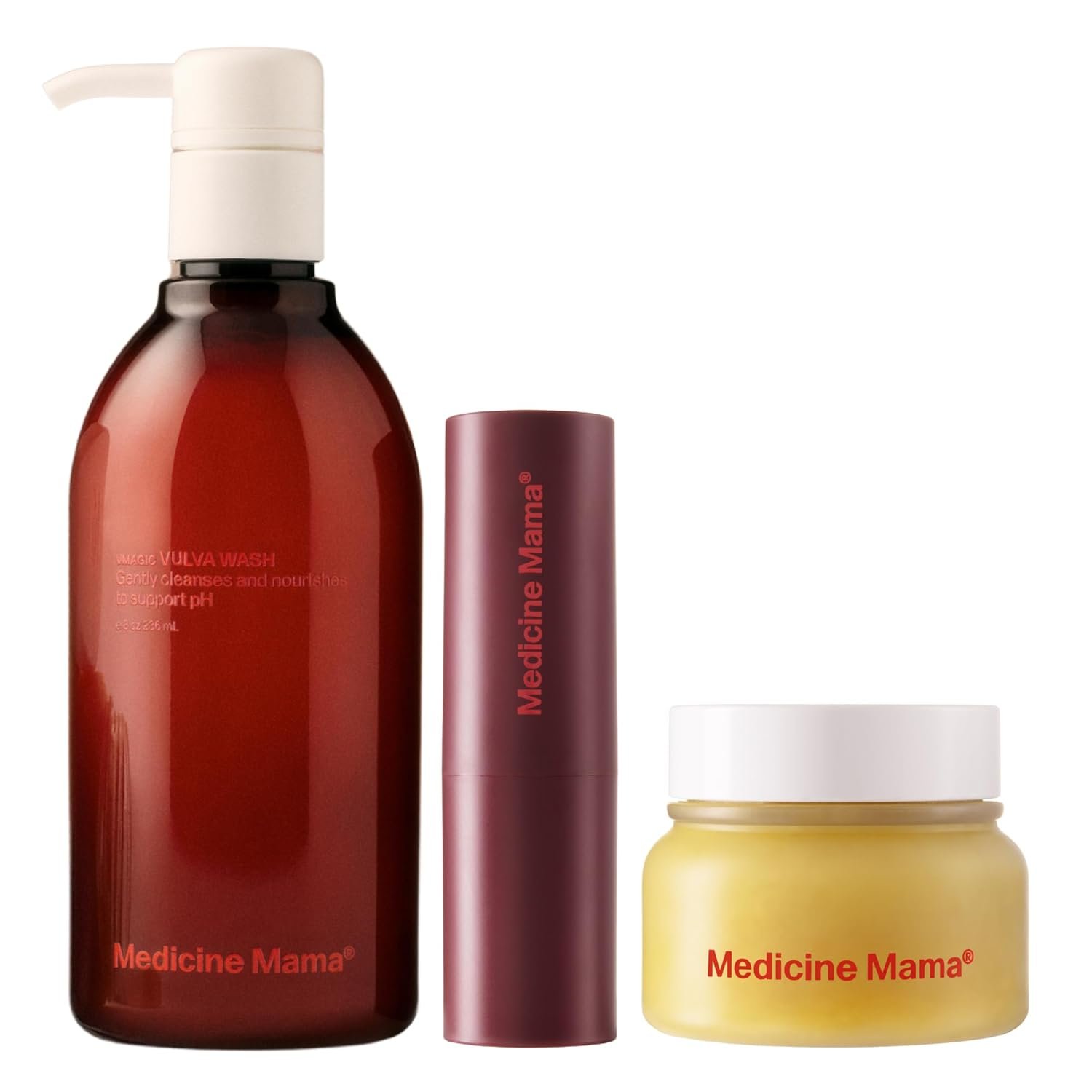 VMAGIC Menopause Must-Haves Bundle by Medicine Mama – Organic Vulva Balm 2oz & Travel Size Lips Stick .65oz for Intimate Skincare & Menopause Support and pH Balanced Gentle Feminine Wash Cleanser 8oz