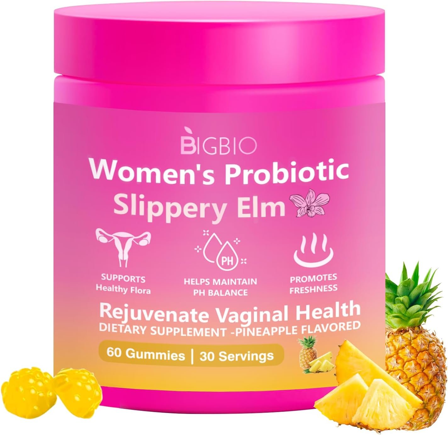 Feminine Probiotics Gummies, Slippery Elm for Women, Vaginal Health Supplement for pH Balance, Odor Control, Yeast Balance, Flora Immune Support, Suagr-Free, Veagn, Pineapple Flavor, 60 Count