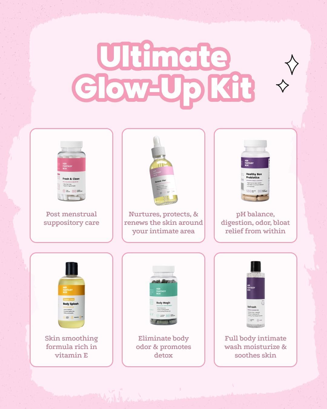 Her Fantasy Box | Ultimate Glow-Up Kit | Probiotics, Chlorophyll Capsules, Suppositories, Body Oil, Yoni Oil & pH Shower Gel – Detox, Hydration & Feminine Wellness Bundle