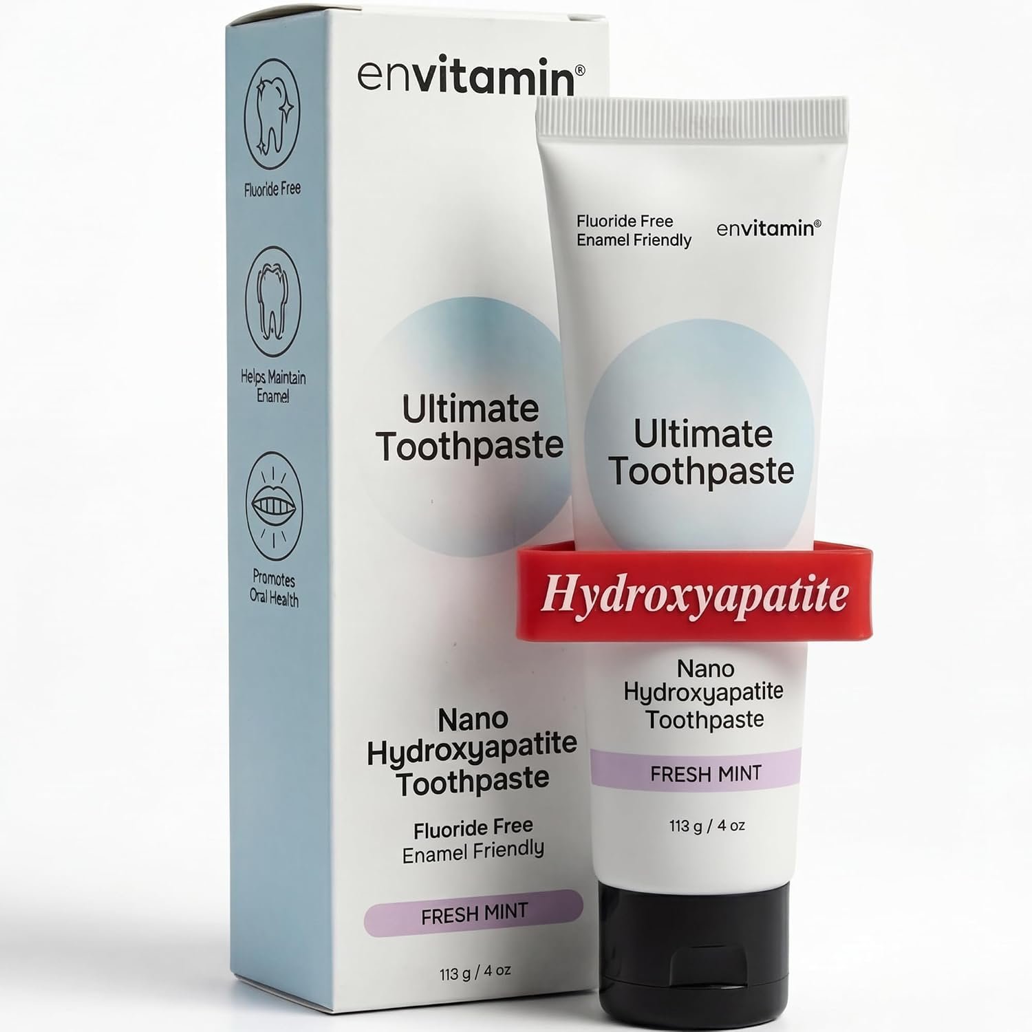 envitamin Fluoride Free Nano Hydroxyapatite Ultimate Toothpaste for Remineralizing Enamel & Sensitive Relief, Whitening, Antiplaque, SLS Free, Fresh Mint, 4 oz (1 Tube, Fresh Mint)