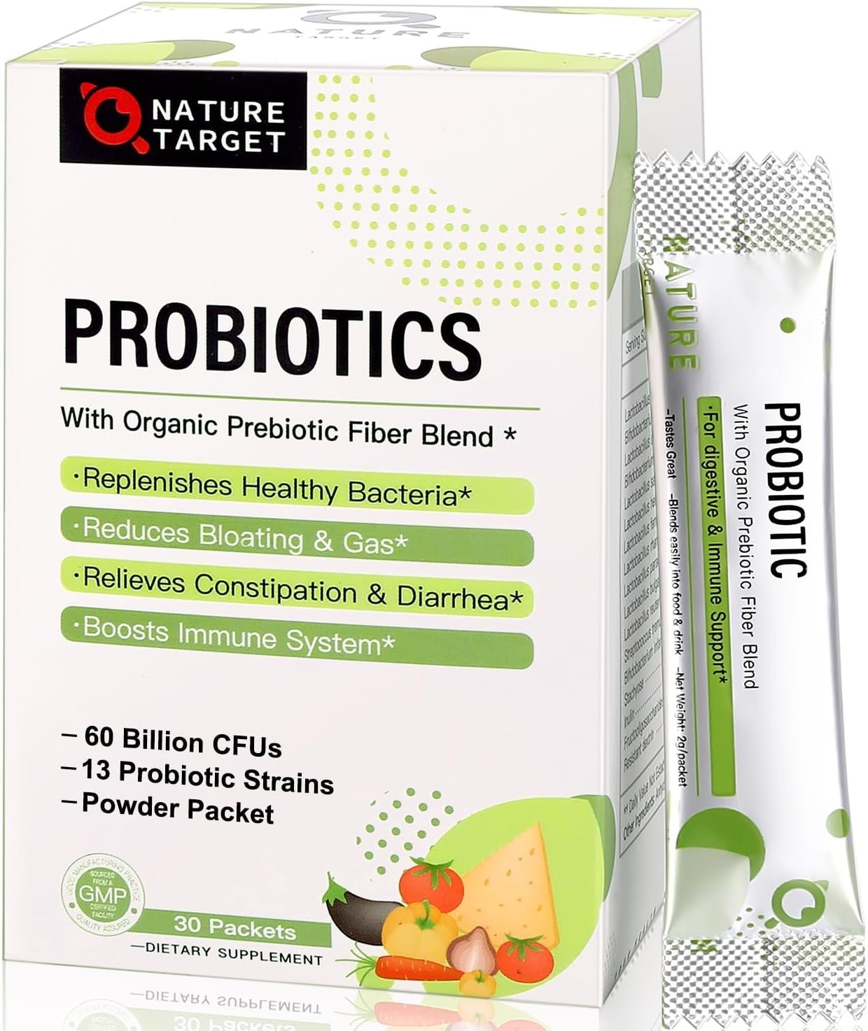 NATURE TARGET Probiotics for Women-Men-Kids Probiotic Powder 60 Billion CFUs 13 Strains – Prebiotics and Probiotics for Digestive Health, Shelf Stable, Non-GMO, Gluten Free 30 Packets