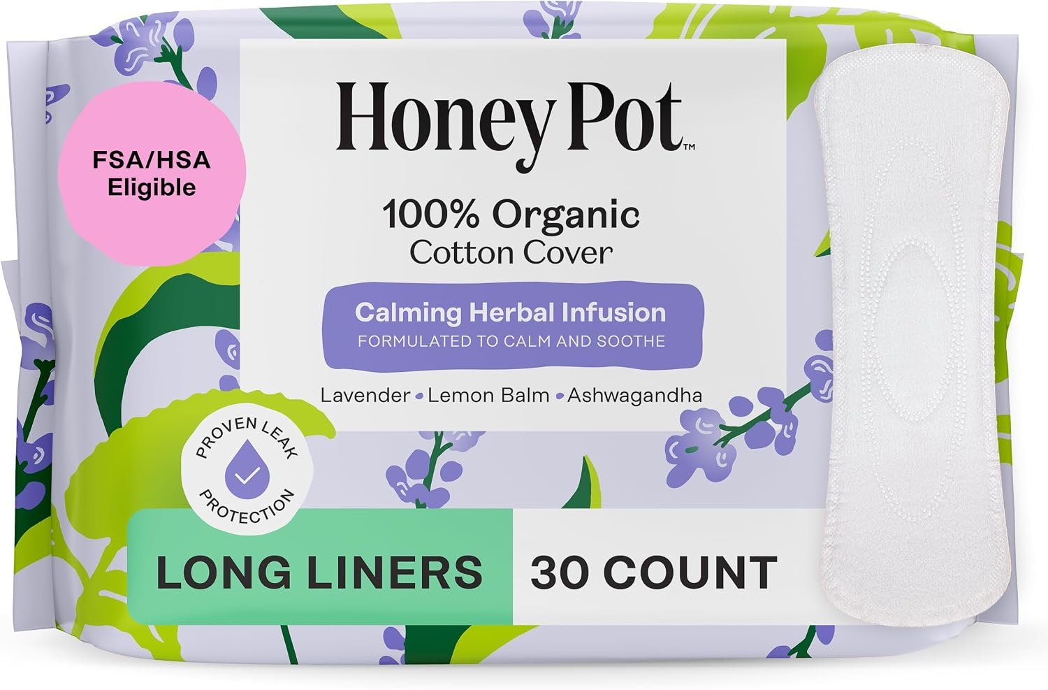 The Honey Pot Company – Calming – Long Panty Liners for Women | 100% Organic Cotton Cover – Calming Herbs of Lavender, Ashwagandha, & Lemon Balm – Feminine Care – 30ct