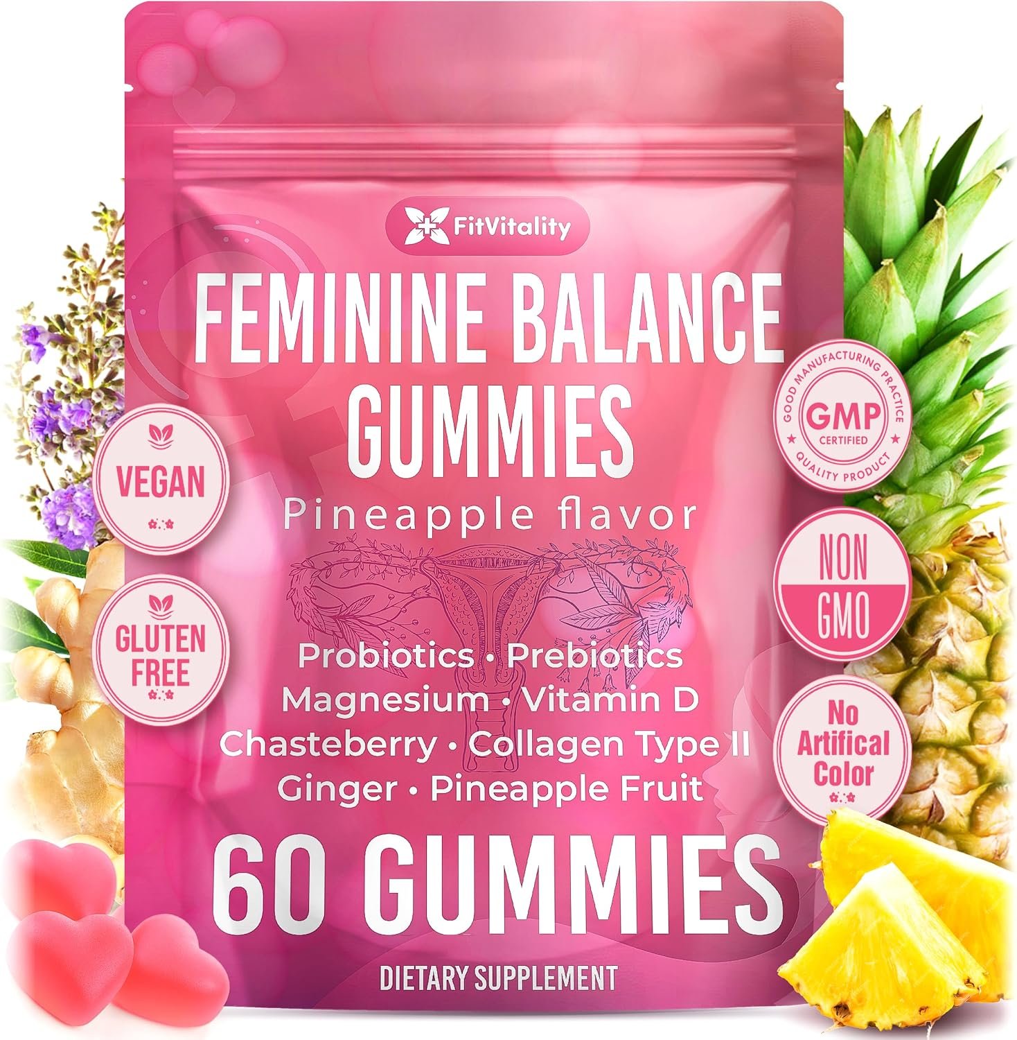 60 Feminine Balance Gummies – Probiotics, Collagen, Chasteberry, Mg | Natural Pineapple Flavor, Vegan