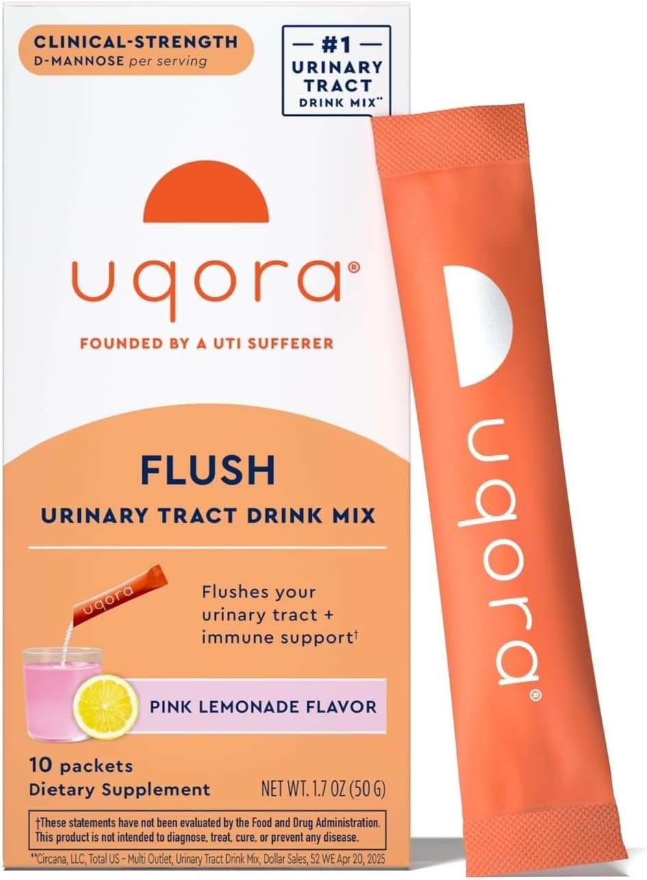 Uqora Flush, Urinary Tract Support, Pink Lemonade, 10 Packets | Urinary Tract Support* with D-Mannose, Vitamin C, B6, Potassium, Magnesium, and Calcium, Gluten-Free and Vegan