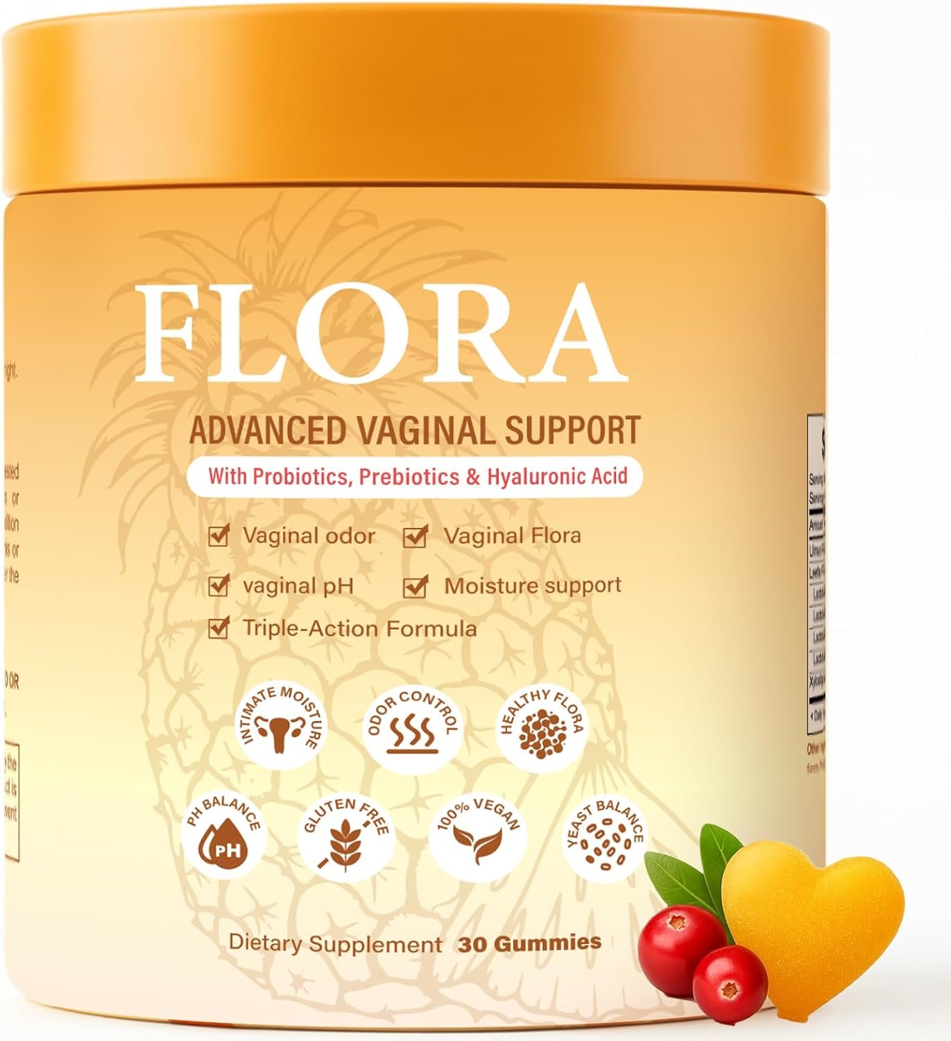 Flora Plus pH Balance Vaginal Probiotic Gummies for Women, Prebiotics & Hyaluronic Acid Gummies, Promote Healthy Vaginal Odor & Flora Freshness Support, Pineapple, 60 Count(1)