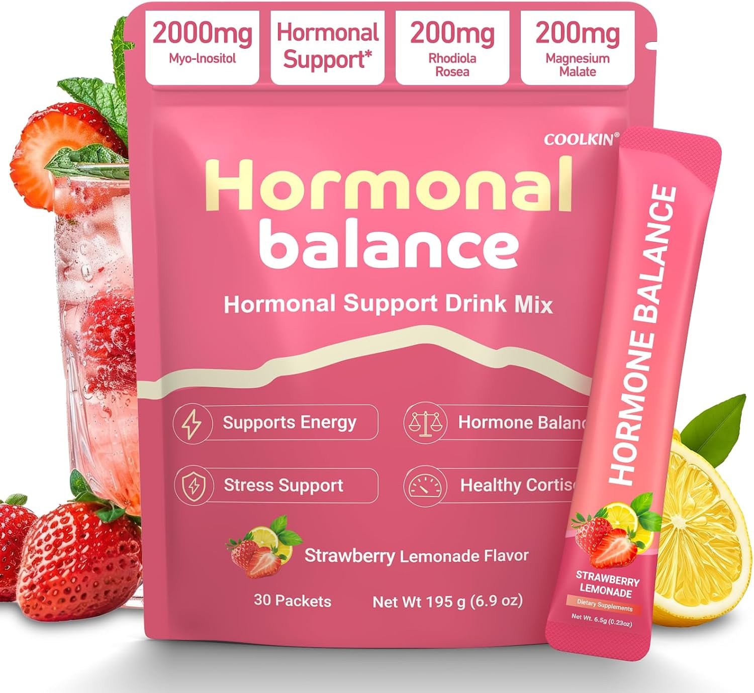Hormone Balance for Women, Myo-Inositol Drink Mix with Magnesium, Rhodiola Rosea, Vitamin C, Cortisol Support Supplement, Vegan Sugar-Free Non-GMO, PMS Comfort, Menopause Wellness & Mood Balance 30psc