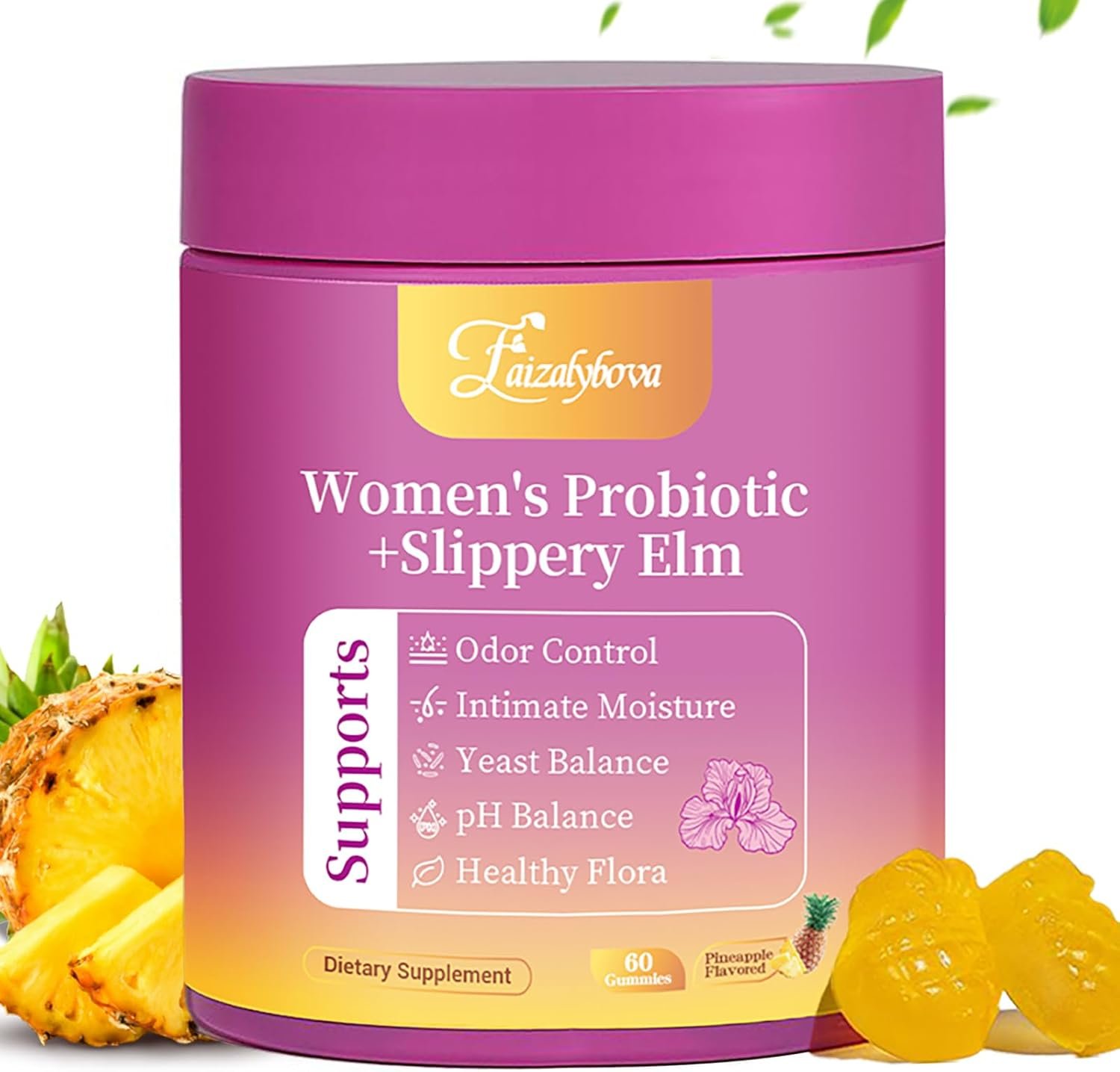 Her Juicy Feminine Probiotics Gummies with Slippery Elm, Tropical Pineapple Flavor | Supports ph Balance for Women, Digestive & Immune Health | 60 Gummies (1 Pack)