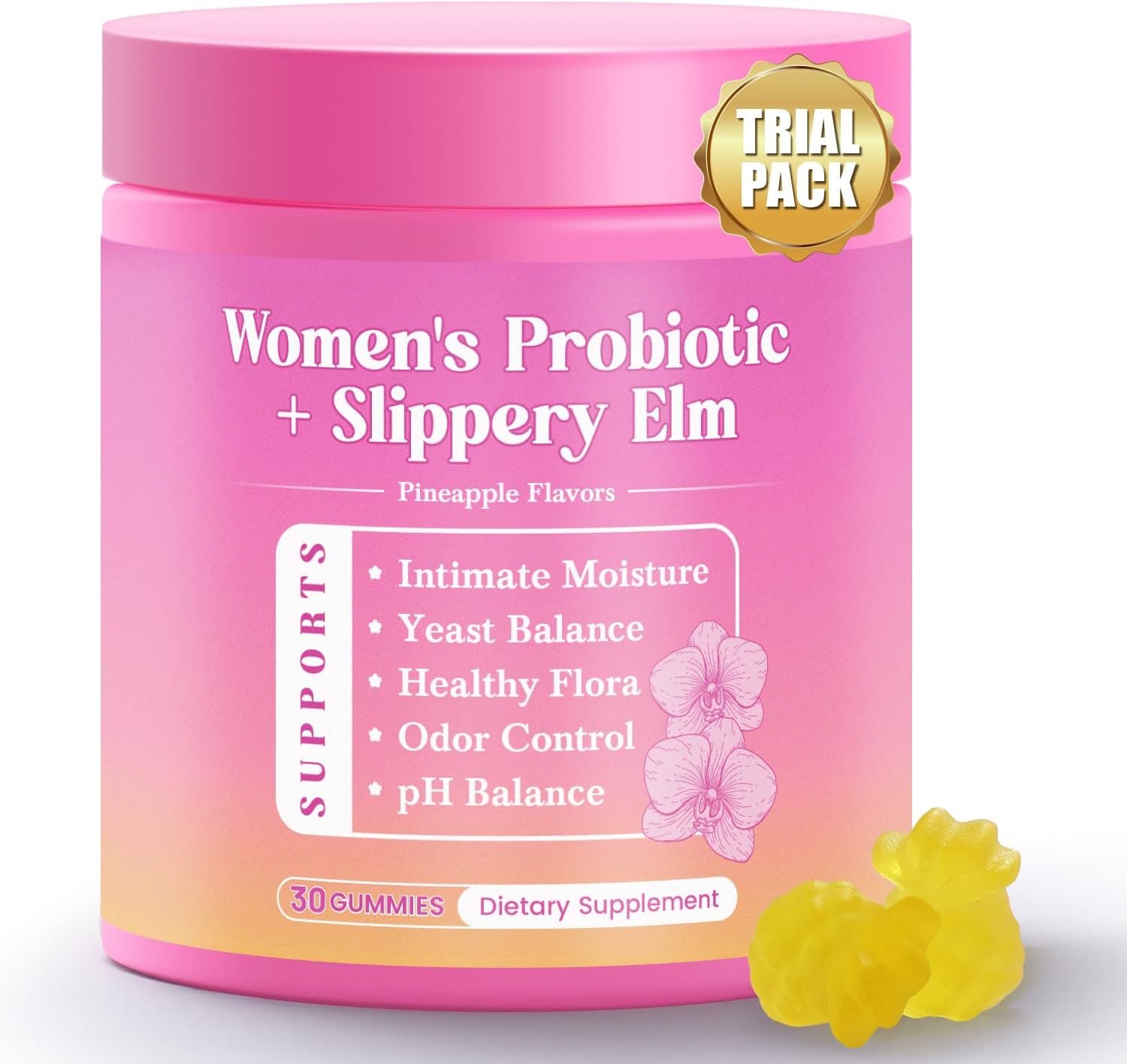 Feminine Probiotics Gummies, pH Balance Probiotics with Slippery Elm | Support Healthy Odor, Improve Immune, Vaginal Health, Vegan, Non-GMO – 30 Day Trial Pack