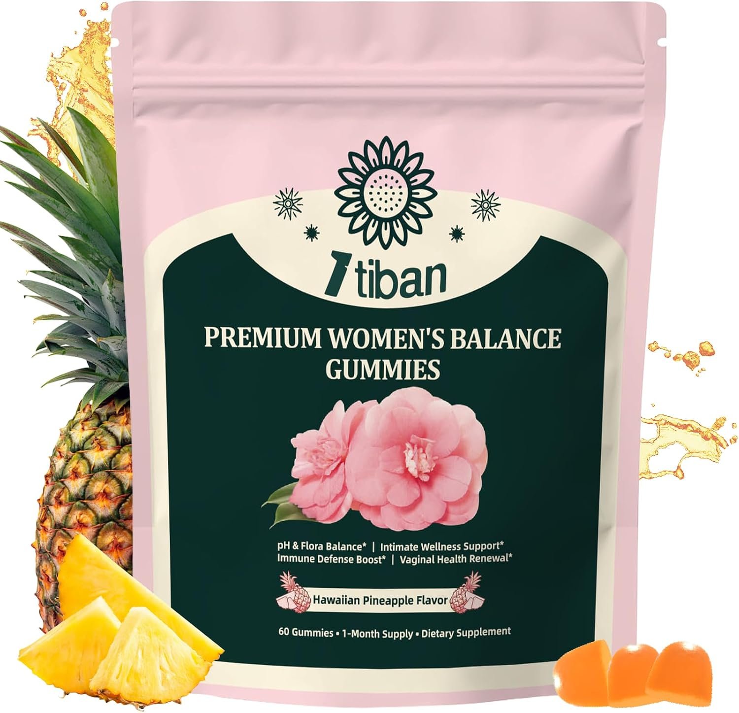 Pineapple Gummies for Women pH Balance, Feminine Probiotics for Vaginigal Health, Nutrition Feminine Gummies, Immune Support, Vegan, Gluten-Free, Hawaiian Pineapple 60 Gummies 30 Servings