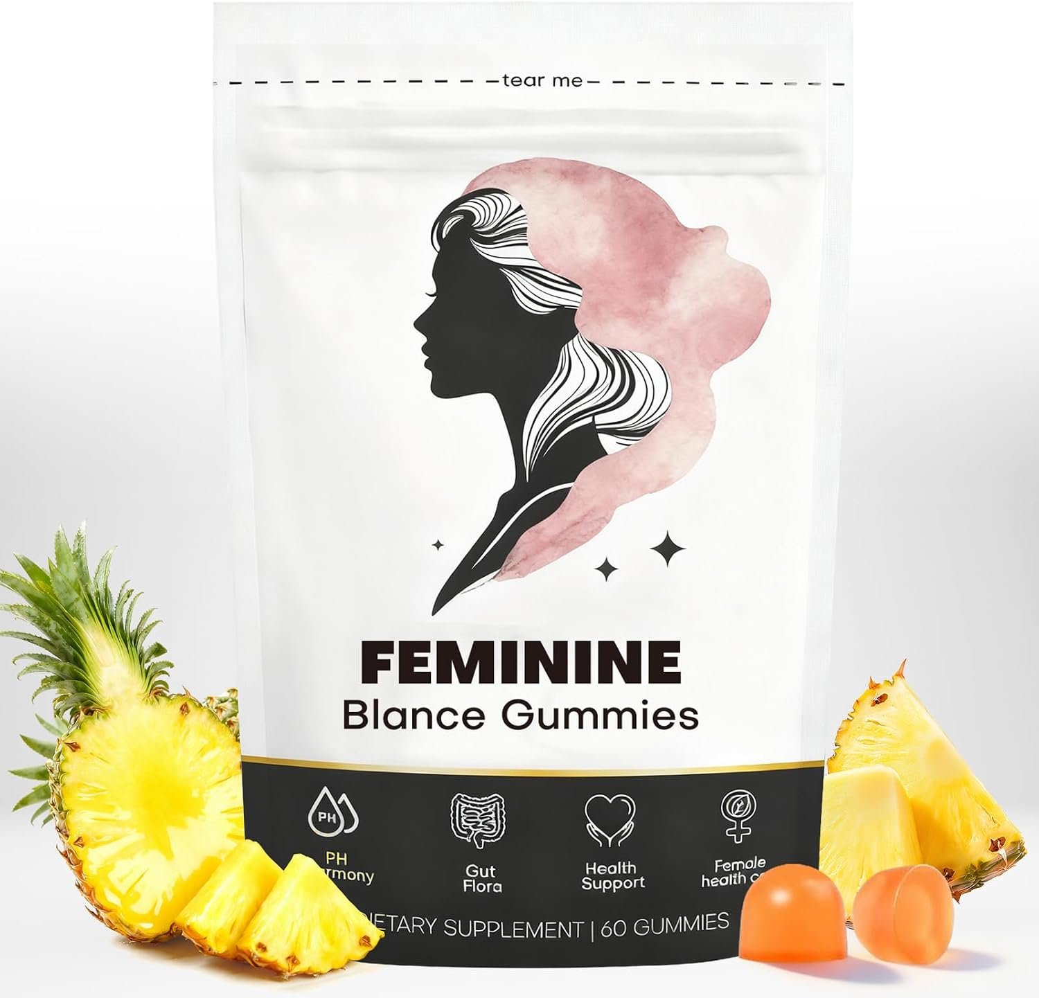 NUORA Feminine Balance Gummies for Women, Pineapple Flavor, 60 Count | Vitamin C enhanced vegan gummies formulated to support pH balance, freshness, digestive and immune wellness; 30 servings