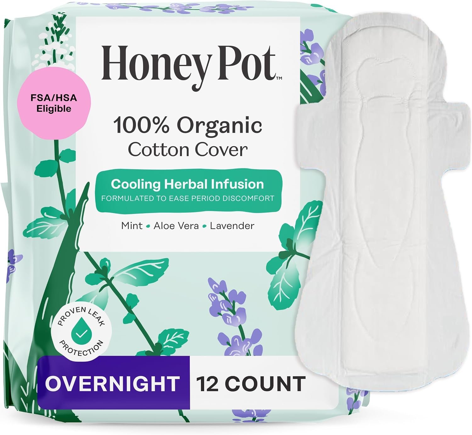 The Honey Pot Company – Cooling Herbal – Overnight – Pads for Women | Cooling Effect – Infused w/Mint, Aloe, & Lavender – Organic Cotton Cover – Menstrual Pads w/Wings – Feminine Care – 12ct