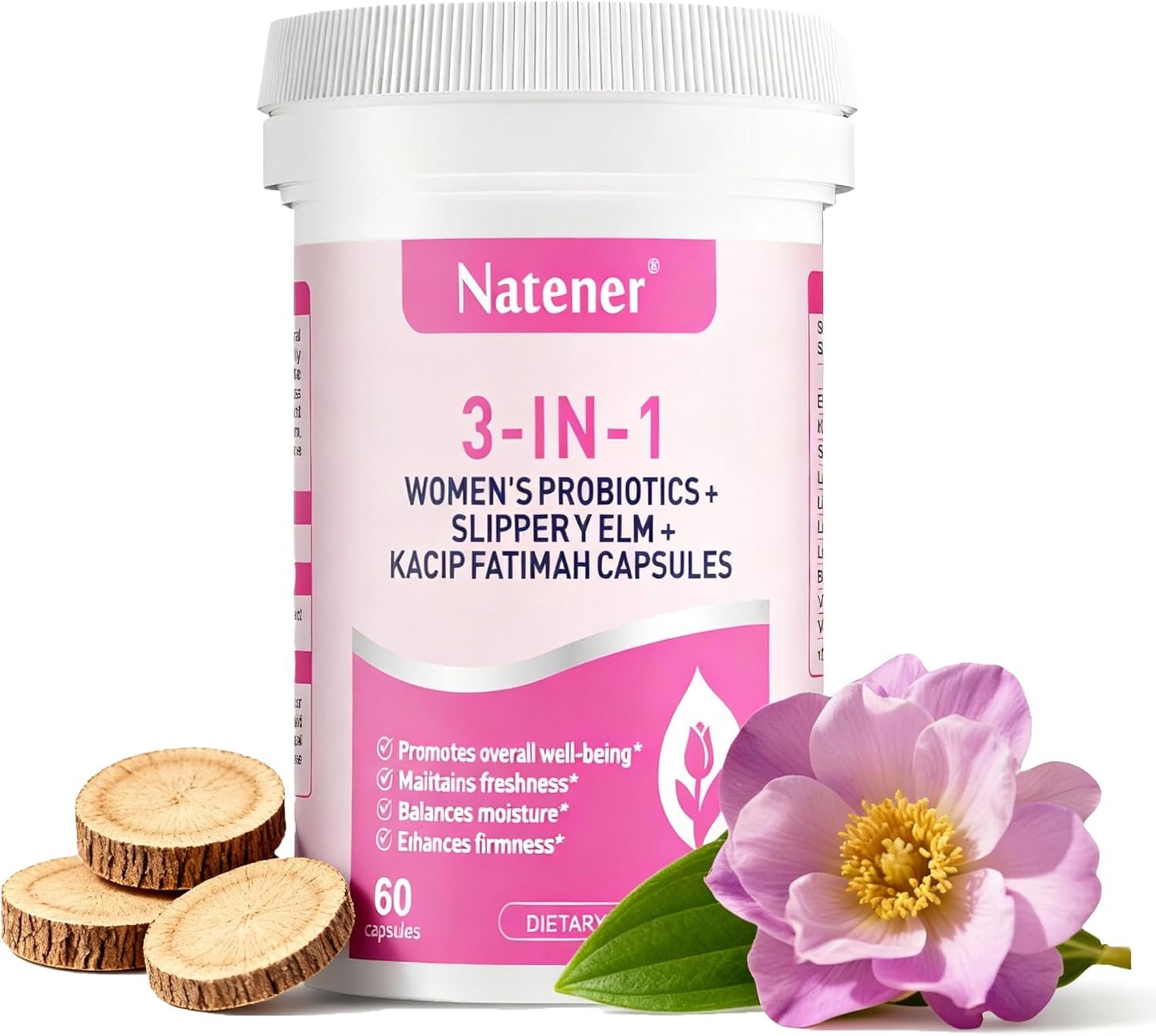 3 in 1 Vaginal Probiotics for Women – 600mg Slippery Elm + 200mg Kacip Fatimah +100mg Hyaluronic Acid – Supports Vaginal Moisture*, PH Balance*, Healthy Odor*, Tightening*, 60 Capsules