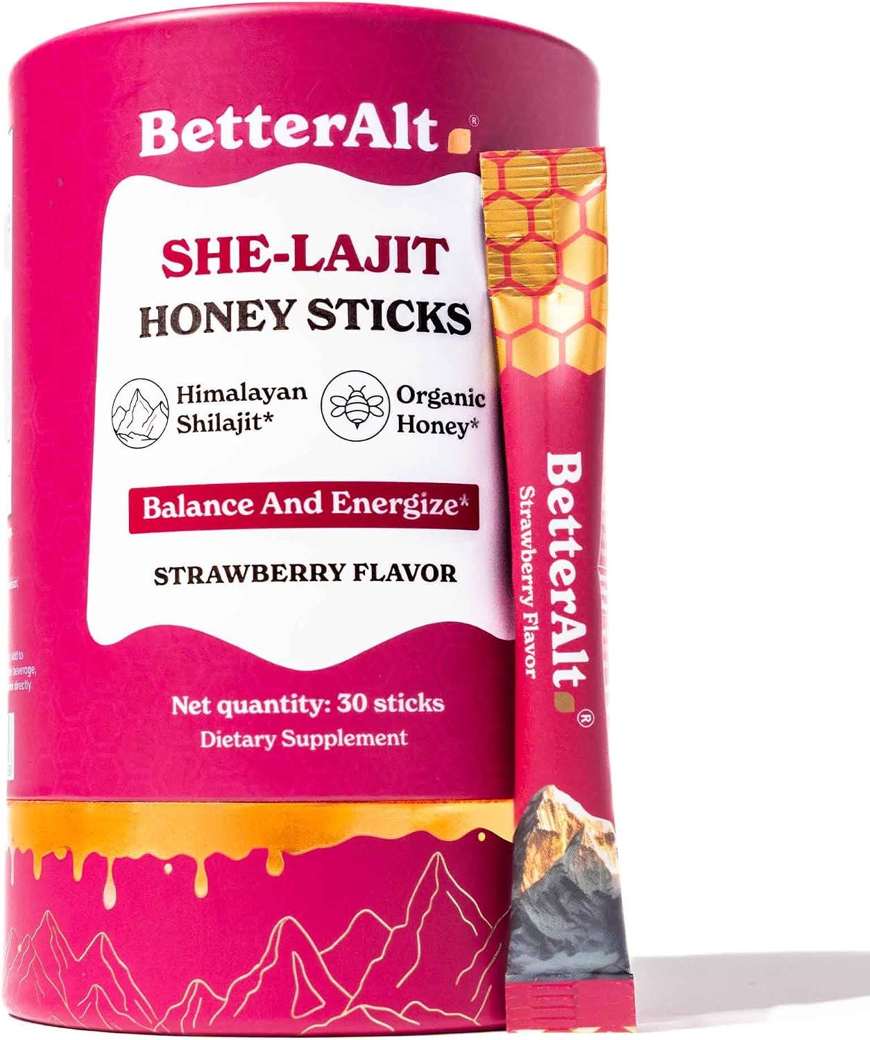 BetterAlt SHE-Lajit Strawberry Honeysticks|Shilajit for Women with Shatavari & Saffron for hormonal Balance & Energy Boost|Tasty Shilajit Honeysticks with Goodness of Pure Himalayan Shilajit|30 Sticks