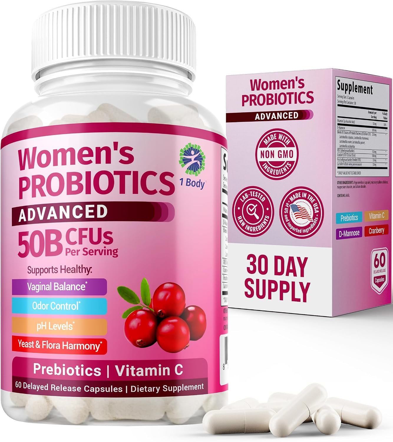 1 Body Cranberry Probiotics for Women, 50 Billion CFU, Cranberry Pills with Prebiotics, D-Mannose & Vitamin C, Vaginal Probiotics for Microbiome Balance, Digestive & Immune Support, 60 Vaginal Pills | Feel Balanced, Feel Confident. Supports feminine wellness and microbiome balance for everyday comfort.